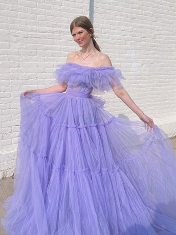 Off Shoulder Lilac Tulle Long Prom Dresses, Off the Shoulder Formal Dresses, Lilac Tulle Evening Dresses SP2959