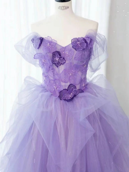 Off Shoulder Lilac Tulle Long Prom Dresses with Flowers, Lilac Lace Floral Long Formal Evening Dresses SP2894