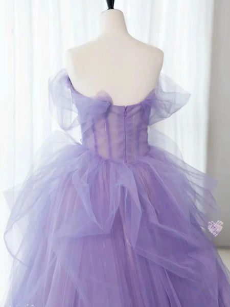 Off Shoulder Lilac Tulle Long Prom Dresses with Flowers, Lilac Lace Floral Long Formal Evening Dresses SP2894