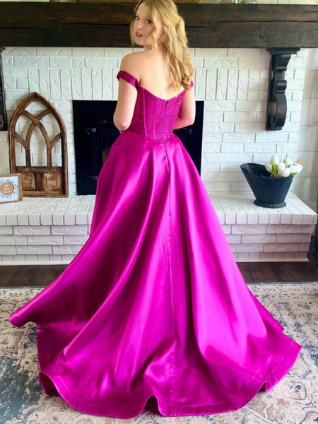 Off Shoulder Magenta Lace Top Long Prom Dresses 2025, Off the Shoulder Magenta Formal Dresses, Magenta Evening Dresses SP3087