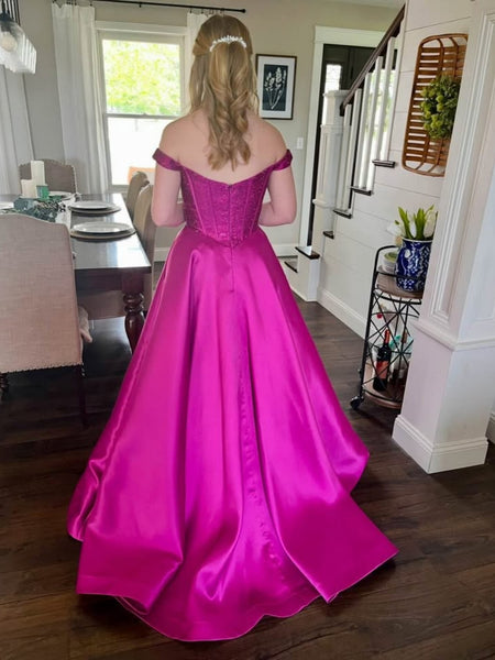 Off Shoulder Magenta Lace Top Long Prom Dresses 2025, Off the Shoulder Magenta Formal Dresses, Magenta Evening Dresses SP3087