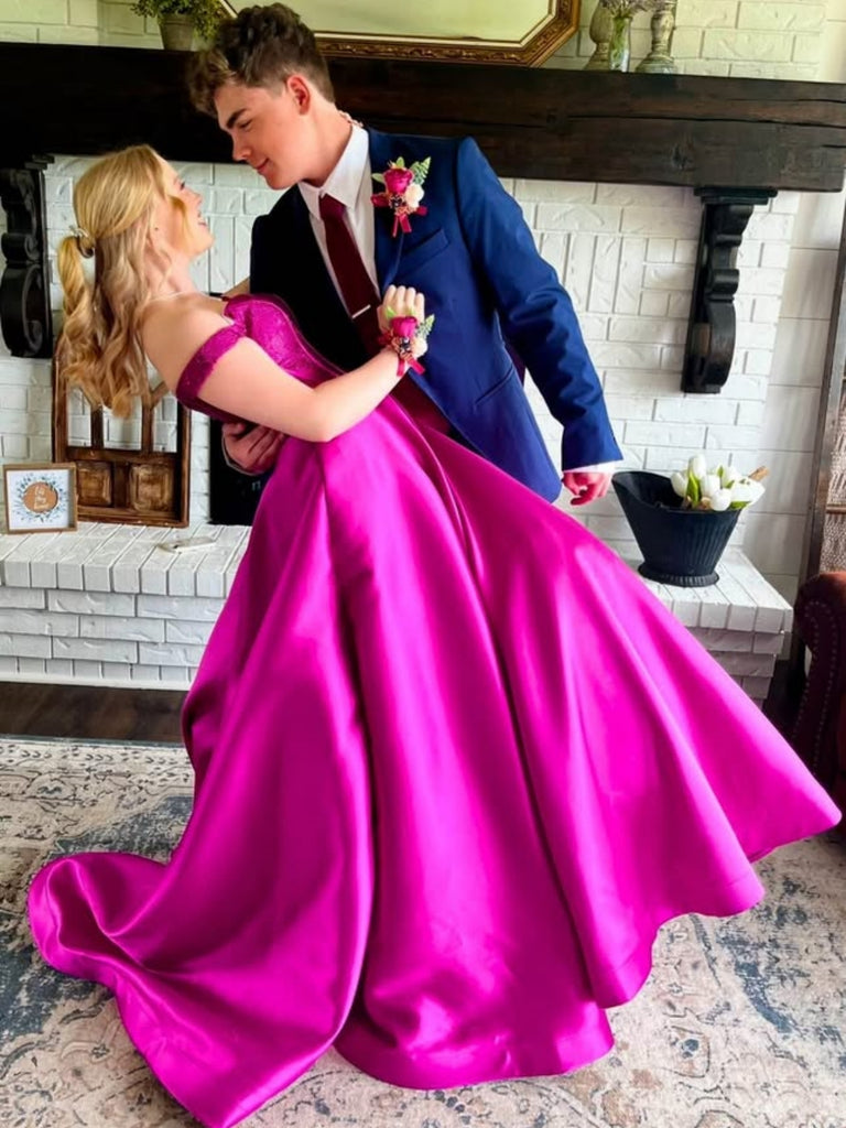Off Shoulder Magenta Lace Top Long Prom Dresses 2025, Off the Shoulder Shiny Party Off Shoulder Magenta Lace Top Long Prom Dresses 2025, Off the Shoulder Shiny Party