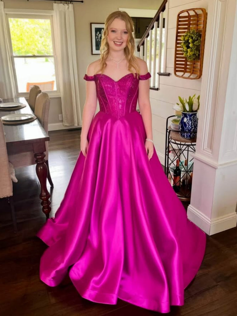 Off Shoulder Magenta Lace Top Long Prom Dresses 2025, Off the Shoulder Shiny Party Off Shoulder Magenta Lace Top Long Prom Dresses 2025, Off the Shoulder Shiny Party