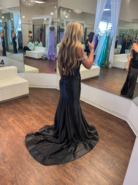 Off Shoulder Mermaid Beaded Black Satin Long Prom Dresses with Side Slit, Off the Shoulder Black Formal Graduation Evening Dresses SP3068