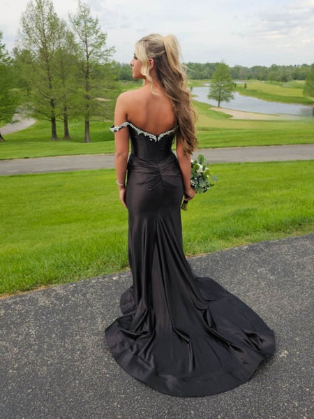 Off Shoulder Mermaid Beaded Black Satin Long Prom Dresses with Side Slit, Off the Shoulder Black Formal Graduation Evening Dresses SP3068