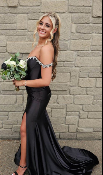 Off Shoulder Mermaid Beaded Black Satin Long Prom Dresses with Side Slit, Off the Shoulder Black Formal Graduation Evening Dresses SP3068