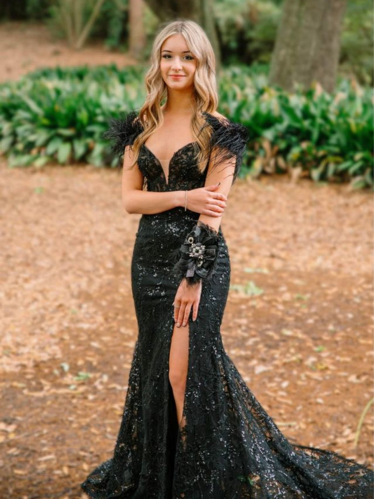 Off Shoulder Mermaid Black Lace Long Prom Dresses with Train, V Neck B Shiny Party Off Shoulder Mermaid Black Lace Long Prom Dresses with Train, V Neck B Shiny Party