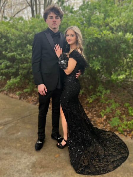 Off Shoulder Mermaid Black Lace Long Prom Dresses with Train, V Neck Black Lace Formal Evening Dresses with High Slit SP3048