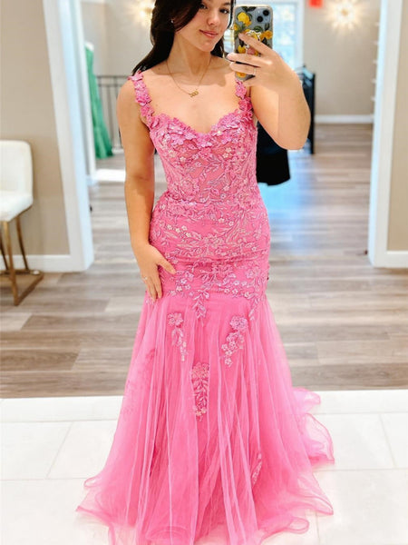 Off Shoulder Mermaid Pink Lace Long Prom Dresses with Appliques, Mermaid Pink Formal Dresses, Pink Lace Evening Dresses SP2850