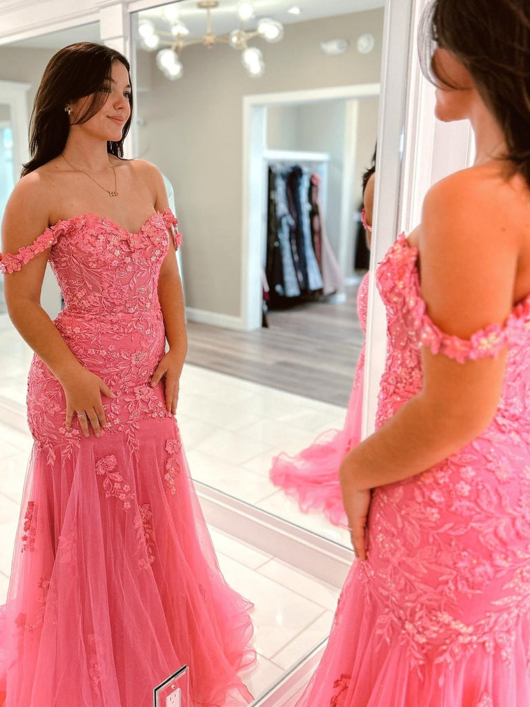 Off Shoulder Mermaid Pink Lace Long Prom Dresses with Appliques, Merma