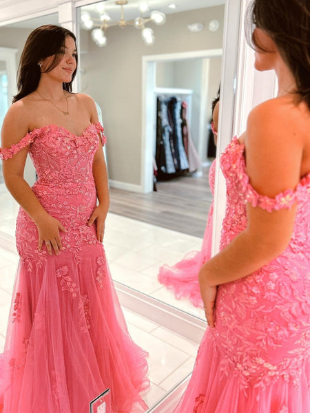 Off Shoulder Mermaid Pink Lace Long Prom Dresses with Appliques, Mermaid Pink Formal Dresses, Pink Lace Evening Dresses SP2850
