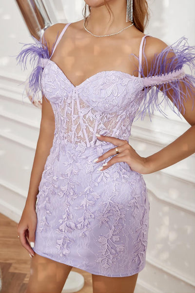 Off Shoulder Mermaid Purple Lace Prom Dresses, Purple Lace Homecoming Dresses, Short Purple Formal Graduation Evening Dresses SP2738