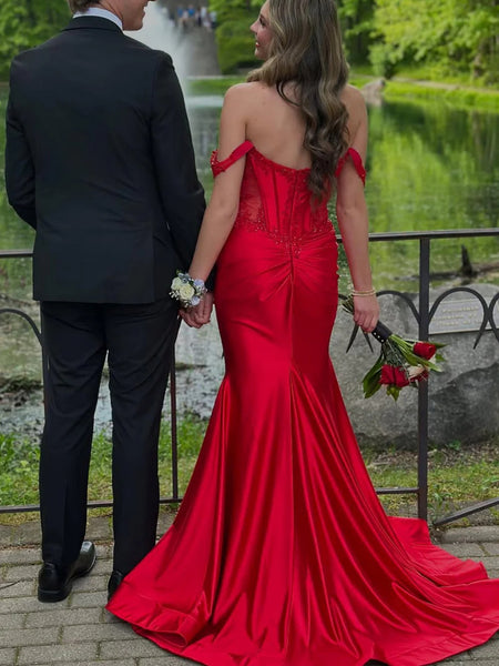 Off Shoulder Mermaid Red Lace Long Prom Dresses, Mermaid Red Formal Dresses, Red Lace Evening Dresses SP3266