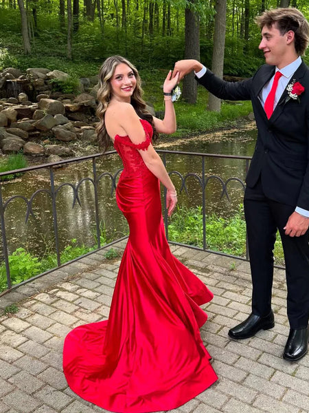 Off Shoulder Mermaid Red Lace Long Prom Dresses, Mermaid Red Formal Dresses, Red Lace Evening Dresses SP3266