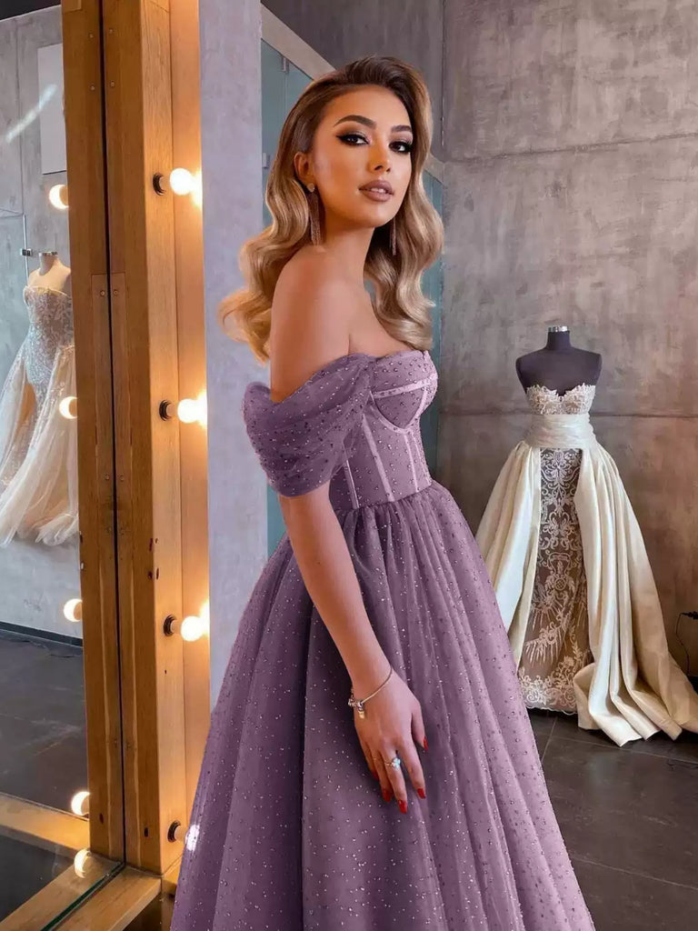 purple off the shoulder homecoming dress Stacees Homecoming Dress Ruffle Off Shoulder Tight Short Puff Sleeves