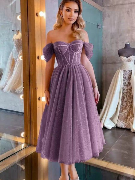 Off Shoulder Purple Beaded Tea Length Prom Dresses, Off the Shoulder Homecoming Dresses, Purple Formal Graduation Evening Dresses SP2740