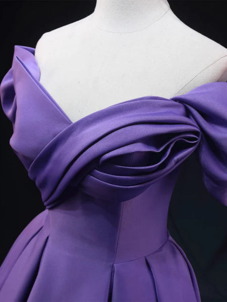 Off Shoulder Purple Satin Long Prom Dresses, Off the Shoulder Formal Dresses, Purple Evening Dresses SP2916