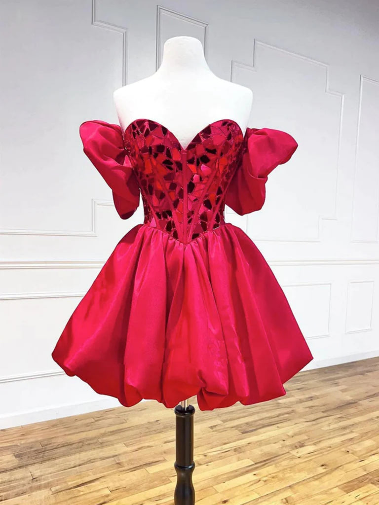 Off Shoulder Red Sequin Short Prom Dresses, Off the Shoulder Homecomin Shiny Party Off Shoulder Red Sequin Short Prom Dresses, Off the Shoulder Homecomin Shiny Party