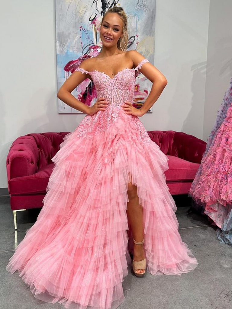 Off Shoulder Ruffle Pink Lace Long Prom Dresses with High Slit, Off the Shoulder Pink Formal Dresses, Pink Lace Evening Dresses SP3017 Off Shoulder Ruffle Pink Lace Long Prom Dresses with High Slit, Off the Shoulder Pink Formal Dresses, Pink Lace Evening Dresses SP3017