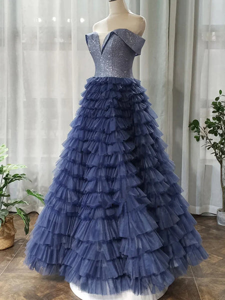 Off Shoulder Sequins Top Navy Blue Long Prom Dresses, Navy Blue Formal Evening Dresses, Off the Shoulder Ball Gown SP2800