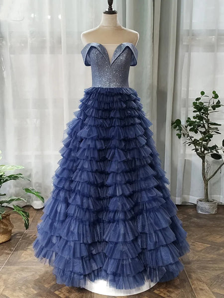 Off Shoulder Sequins Top Navy Blue Long Prom Dresses, Navy Blue Formal Evening Dresses, Off the Shoulder Ball Gown SP2800