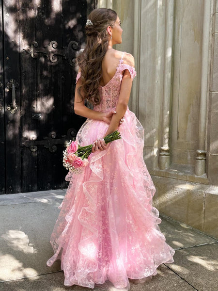 Off Shoulder V Neck Fluffy Pink Lace Floral Long Prom Dresses, Pink Lace Formal Dresses, Pink Evening Dresses with Appliques SP3083