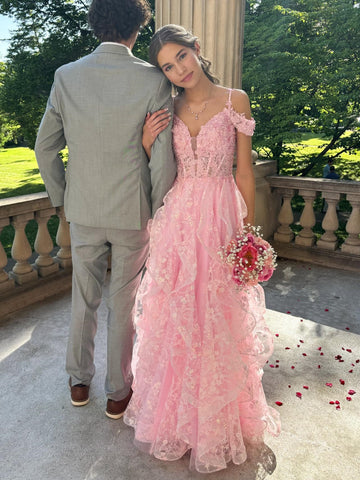 Off Shoulder V Neck Fluffy Pink Lace Floral Long Prom Dresses, Pink Lace Formal Dresses, Pink Evening Dresses with Appliques SP3083