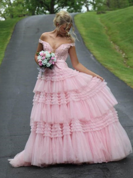 Off Shoulder V Neck Layered Pink Lace Long Prom Dresses, Pink Lace Formal Dresses, Long Pink Evening Dresses SP3062