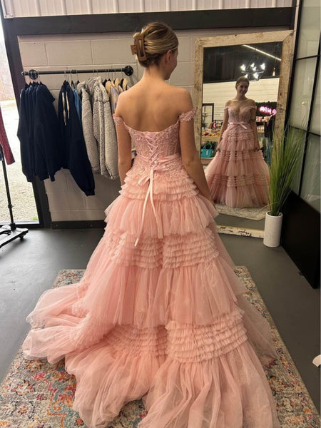 Off Shoulder V Neck Layered Pink Lace Long Prom Dresses, Pink Lace Formal Dresses, Long Pink Evening Dresses SP3062