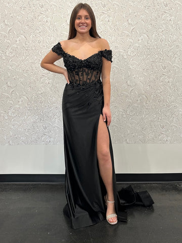 Off the Shoulder Beaded Black Floral Long Prom Dresses with High Slit, Black Formal Graduation Evening Dresses with 3D Flowers SP3246