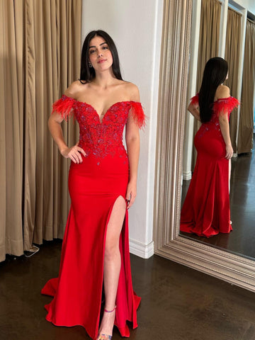 Off the Shoulder Beaded Mermaid Red Long Prom Dresses with Slit, Off Shoulder Red Formal Dresses, Red Evening Dresses with Feather SP3455
