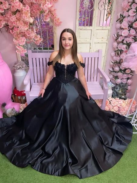 Off the Shoulder Black Lace Long Prom Dresses, Black Lace Formal Dresses, Black Evening Dresses SP3357