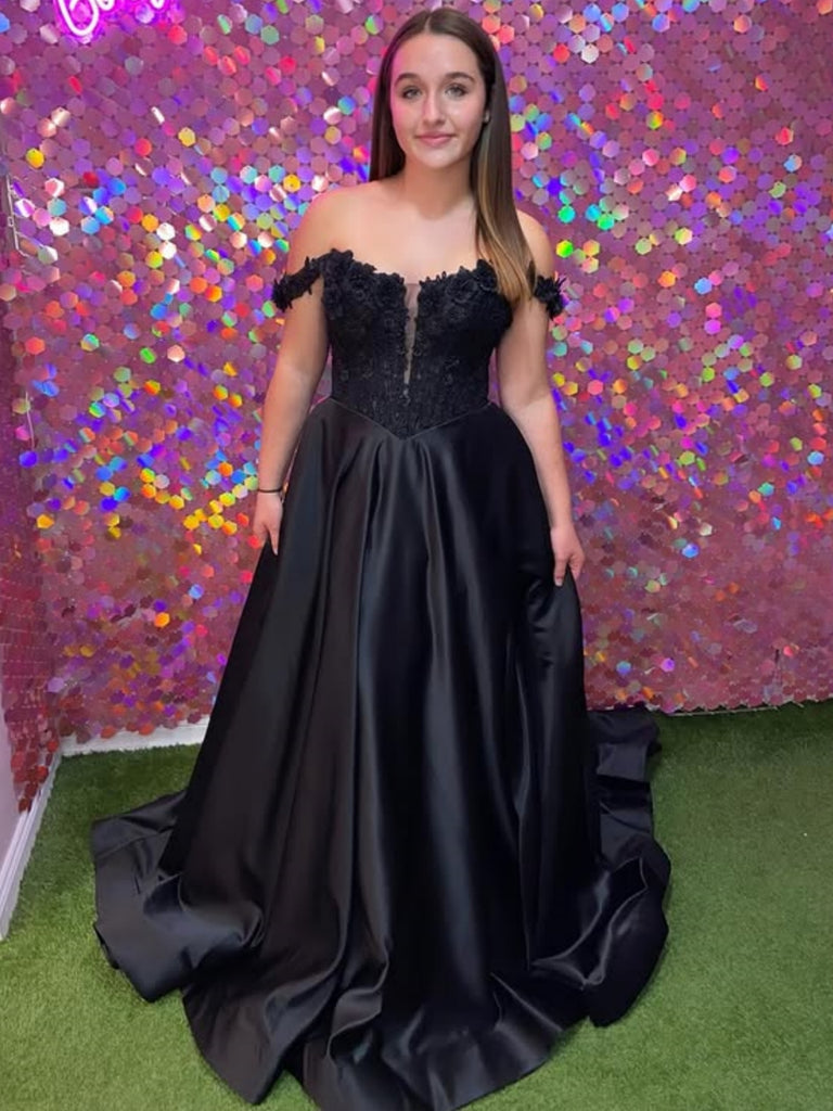 Off the Shoulder Black Lace Long Prom Dresses, Black Lace Formal Dress Shiny Party Off the Shoulder Black Lace Long Prom Dresses, Black Lace Formal Dress Shiny Party