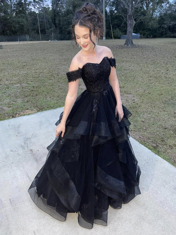 Off the Shoulder Black Lace Long Prom Dresses, Fluffy Black Lace Formal Dresses, Black Evening Dresses SP3221