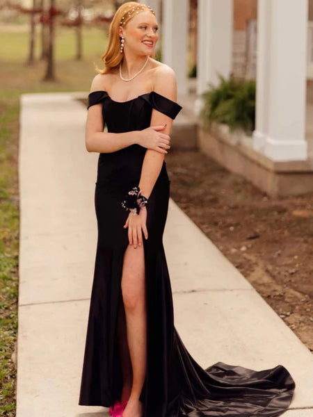 Off the Shoulder Black Satin Long Prom Dresses with High Slit, Long Black Formal Graduation Evening Dresses SP3264