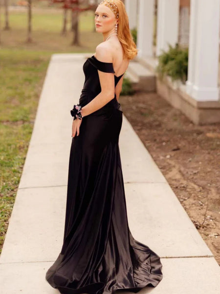 Off the Shoulder Black Satin Long Prom Dresses with High Slit, Long Black Formal Graduation Evening Dresses SP3264