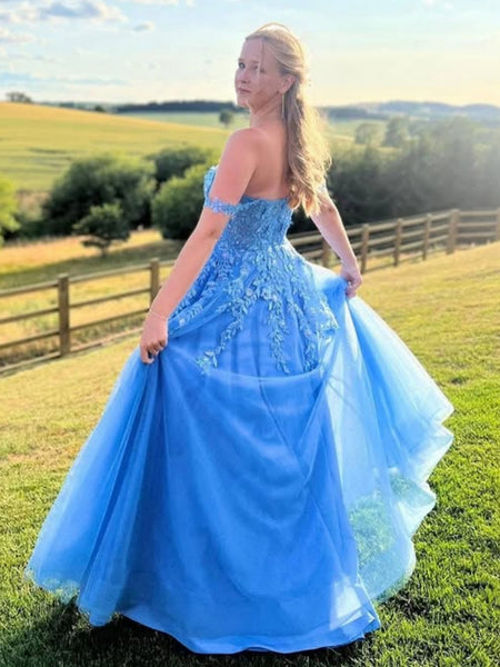 Off the Shoulder Blue Lace Long Prom Dresses, Blue Lace Formal Dresses, Blue Tulle Evening Dresses SP3379