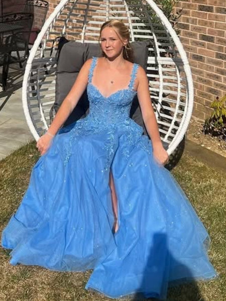 Off the Shoulder Blue Lace Long Prom Dresses, Blue Lace Formal Dresses, Blue Tulle Evening Dresses SP3379