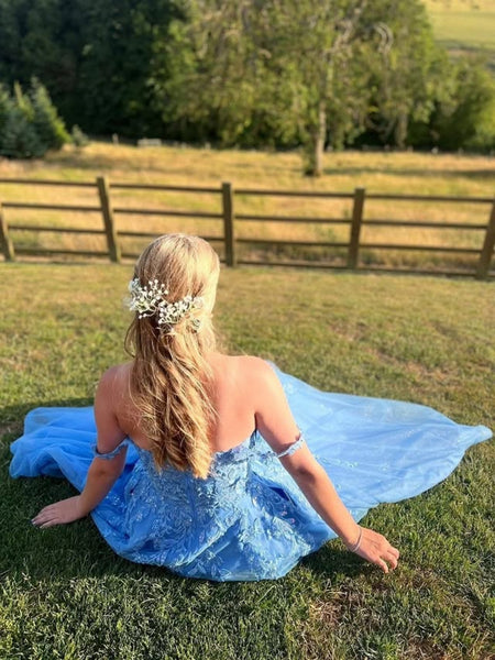 Off the Shoulder Blue Lace Long Prom Dresses, Blue Lace Formal Dresses, Blue Tulle Evening Dresses SP3379