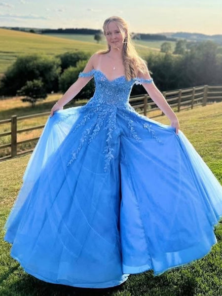 Off the Shoulder Blue Lace Long Prom Dresses, Blue Lace Formal Dresses, Blue Tulle Evening Dresses SP3379