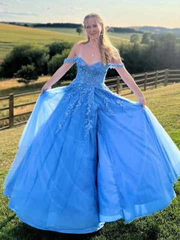 Off the Shoulder Blue Lace Long Prom Dresses, Blue Lace Formal Dresses, Blue Tulle Evening Dresses SP3379
