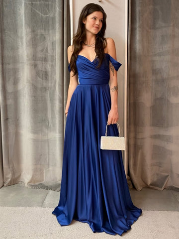 Off the Shoulder Blue Satin Long Prom Dresses, Long Blue Formal Graduation Evening Dresses SP3326
