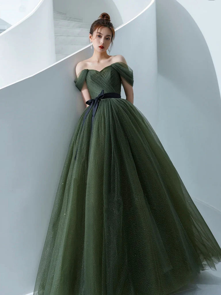 Off the Shoulder Dark Green Tulle Long Prom Dresses, Dark Green Formal Shiny Party Off the Shoulder Dark Green Tulle Long Prom Dresses, Dark Green Formal Shiny Party