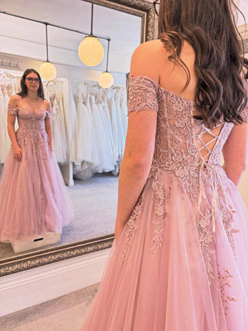 Off the Shoulder Dusty Pink Lace Long Prom Dresses, Off Shoulder Pink Formal Dresses, Dusty Pink Lace Evening Dresses SP3325