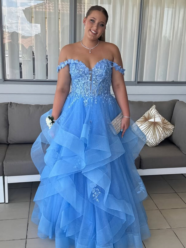 Off the Shoulder Fluffy Light Blue Lace Long Prom Dresses, Light Blue – Shiny Party Off the Shoulder Fluffy Light Blue Lace Long Prom Dresses, Light Blue – Shiny Party