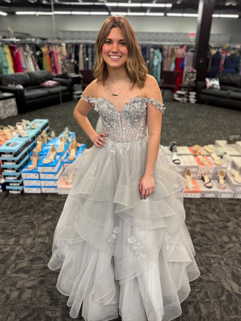 Off the Shoulder Gray Lace Long Prom Dresses, Off Shoulder Gray Formal Dresses, Gray Tulle Evening Dresses SP3460