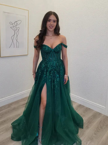 Off the Shoulder Green Lace Long Prom Dresses with Slit, Green Lace Formal Dresses, Green Evening Dresses SP3295