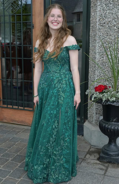 Off the Shoulder High Slit Green Lace Long Prom Dresses, Green Lace Formal Graduation Evening Dresses SP3103