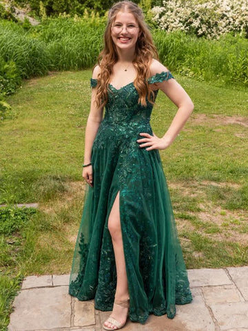 Off the Shoulder High Slit Green Lace Long Prom Dresses, Green Lace Formal Graduation Evening Dresses SP3103