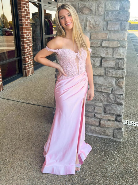 Off the Shoulder High Slit Pink Lace Long Prom Dresses, Pink Lace Formal Dresses, Pink Evening Dresses SP3118